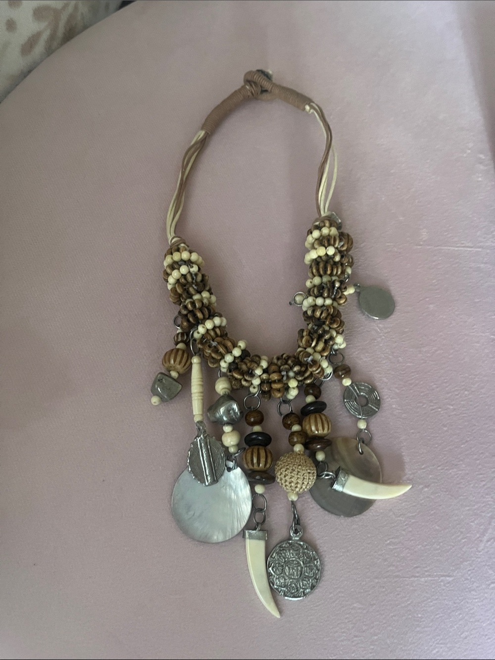 Boho Multi-Charm Beaded Necklace in Brown and Cream
